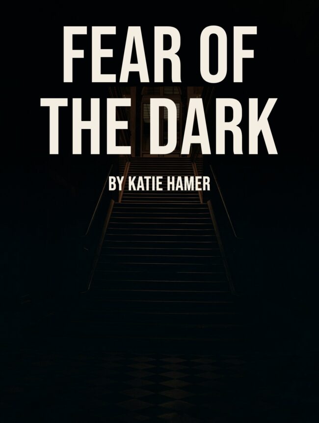 A dark staircase rising toward a faint doorway, with the title Fear of the Dark by Katie Hamer
