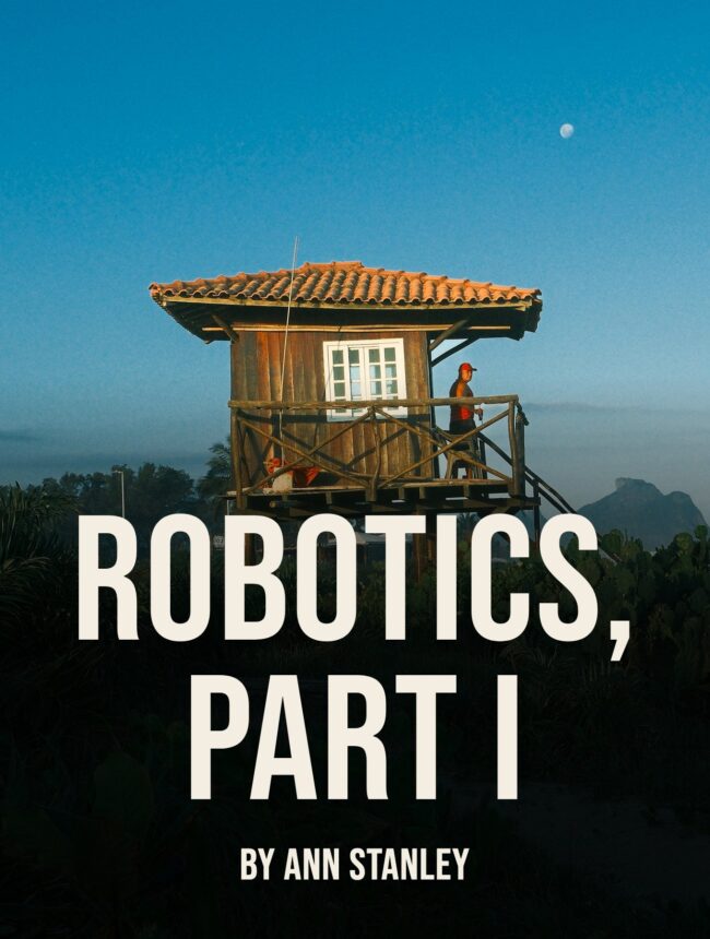 A wooden lifeguard tower on stilts under a blue dusk sky with a small moon, with the title Robotics, Part I by Ann Stanley