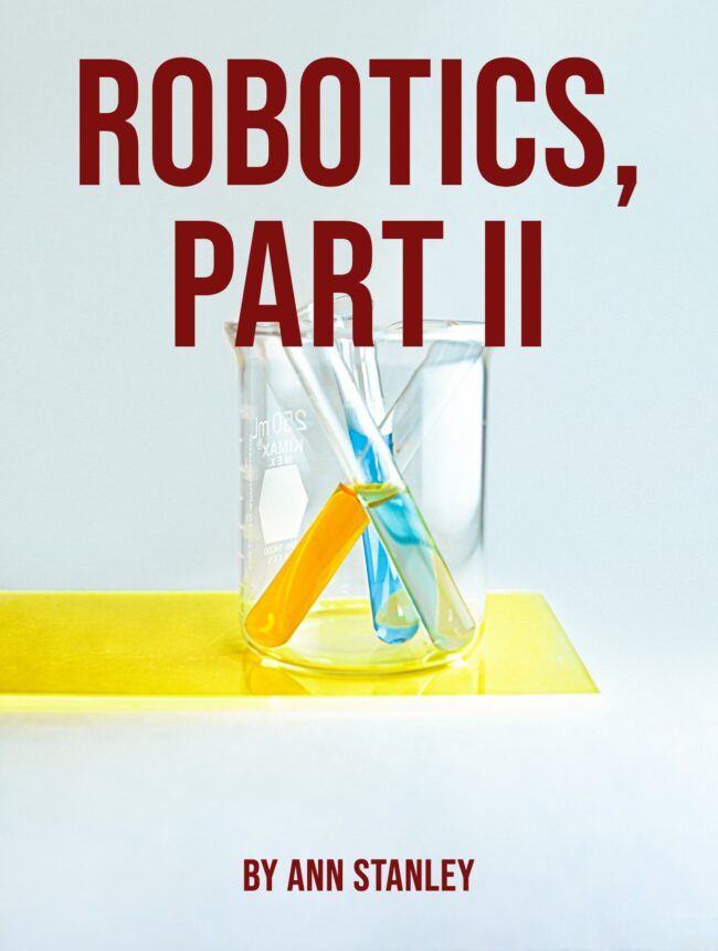 Colorful test tubes in a glass beaker on a yellow sheet, with the title Robotics, Part II by Ann Stanley