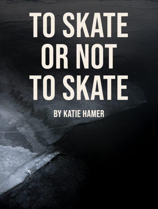 Dark cracked ice on a frozen lake, with the title To Skate or Not to Skate by Katie Hamer