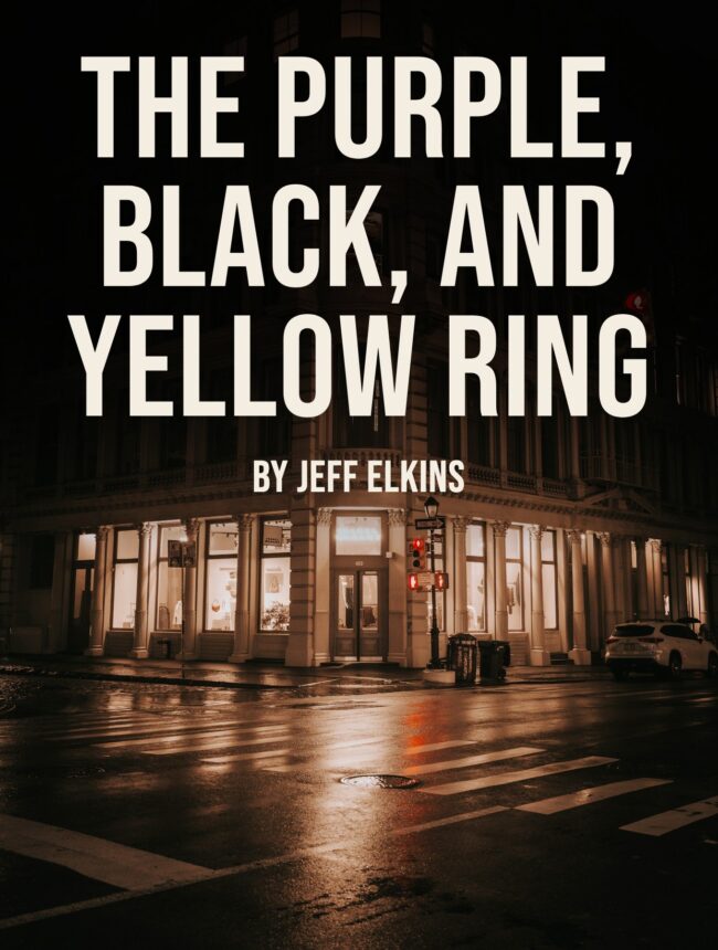 A dark rainy city corner with a glowing shopfront, with the title The Purple, Black, and Yellow Ring by Jeff Elkins