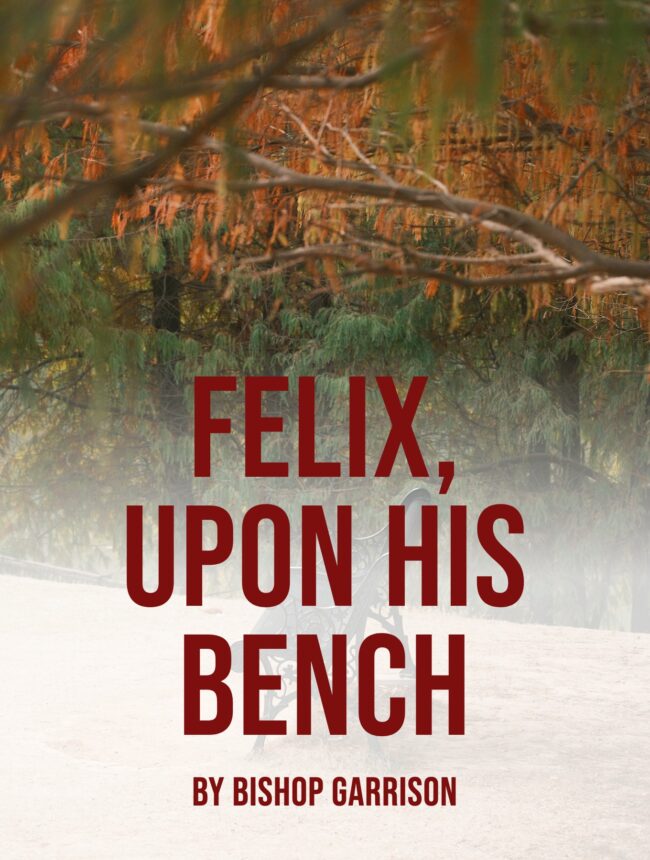 A lone iron park bench under autumn trees, with the title Felix, Upon His Bench by Bishop Garrison
