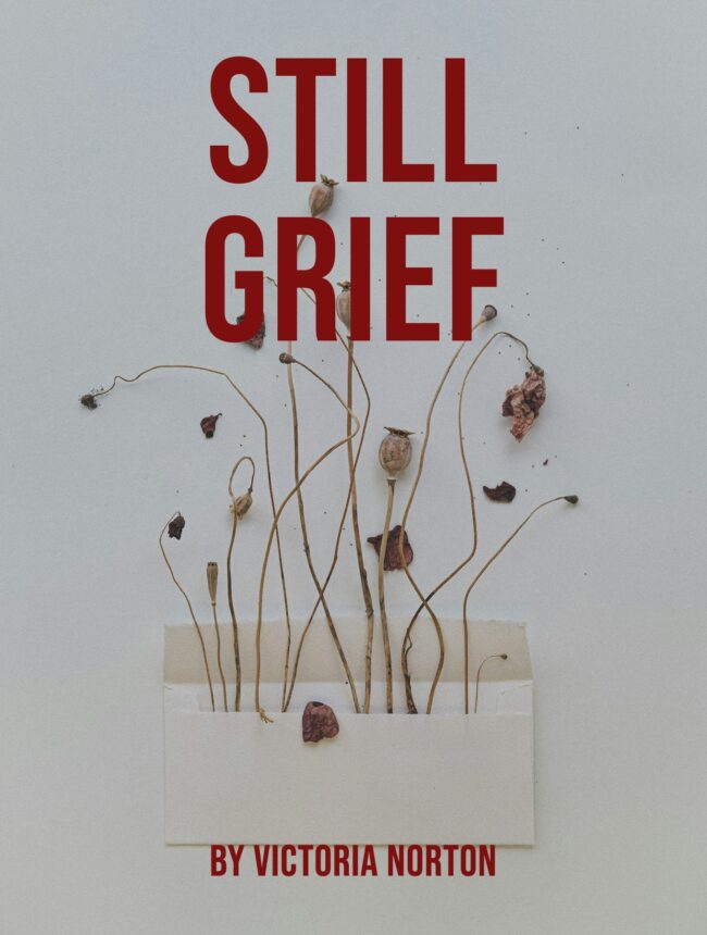Dried poppy stems growing from a pale envelope, with the title Still Grief by Victoria Norton