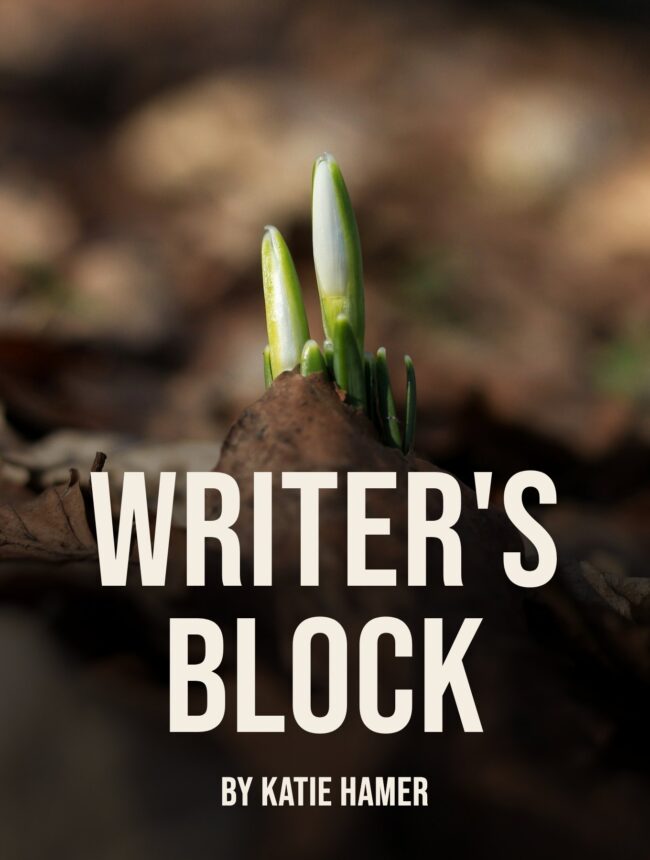 A snowdrop shoot pushing up through dead leaves, with the title Writer's Block by Katie Hamer