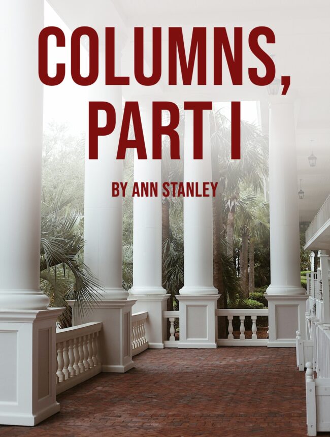 White porch columns and balustrades over a brick floor with palms beyond, with the title Columns, Part I by Ann Stanley