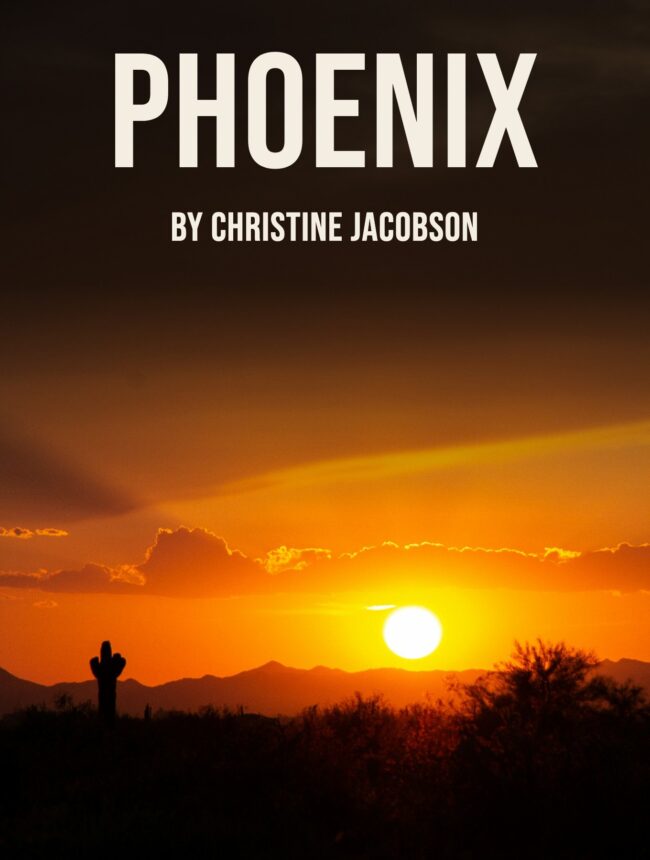 A blazing orange sunset over desert hills with a lone cactus silhouette, with the title Phoenix by Christine Jacobson