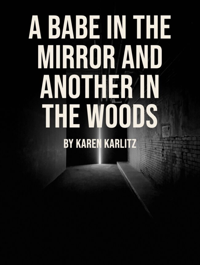 A dark brick basement corridor with a thin line of light, with the title A Babe in the Mirror and Another in the Woods by Karen Karlitz