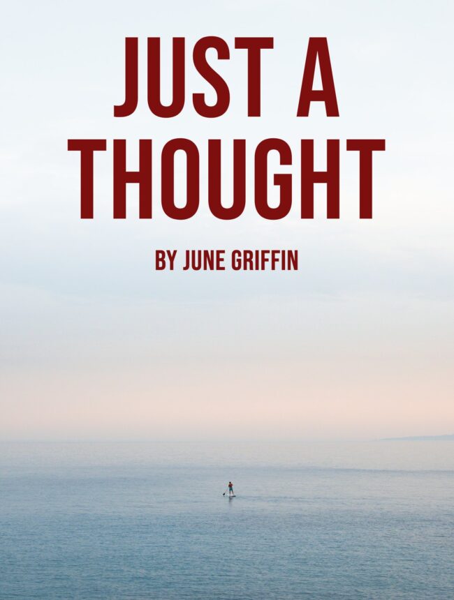 A tiny paddleboarder alone on a pale calm sea, with the title Just a Thought by June Griffin