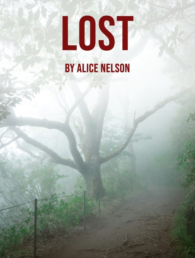 A twisted tree in thick fog beside a rope fenced jungle path, with the title Lost by Alice Nelson