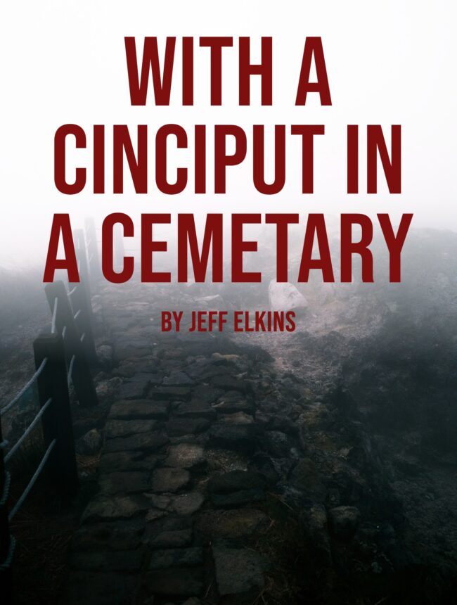 A stone path and fence vanishing into thick white fog, with the title With a Cinciput in a Cemetary by Jeff Elkins