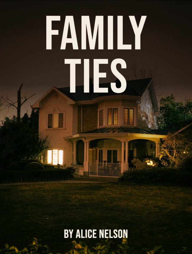 a lit house at night under a murky sky, with the title Family Ties by Alice Nelson