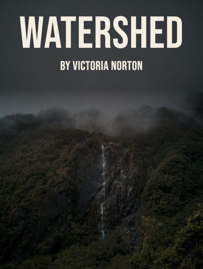 a misty dark forested cliff with a thin waterfall under low fog, with the title Watershed by Victoria Norton