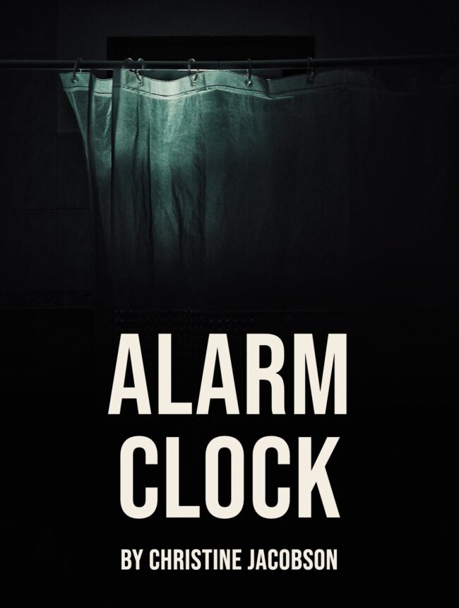 A pale curtain hanging in a dark room, with the title Alarm Clock by Christine Jacobson