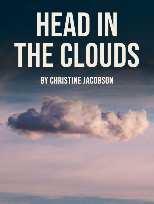 A single pink and gray cloud floating in a dusky sky, with the title Head in the Clouds by Christine Jacobson