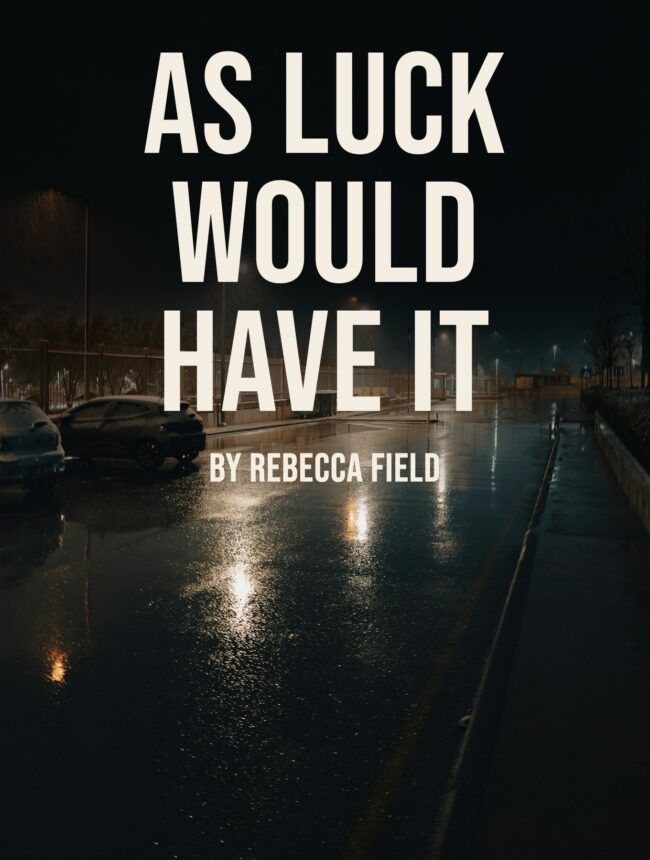 A rain-slicked carpark road lit by street lamps at night, with the title As Luck Would Have It by Rebecca Field