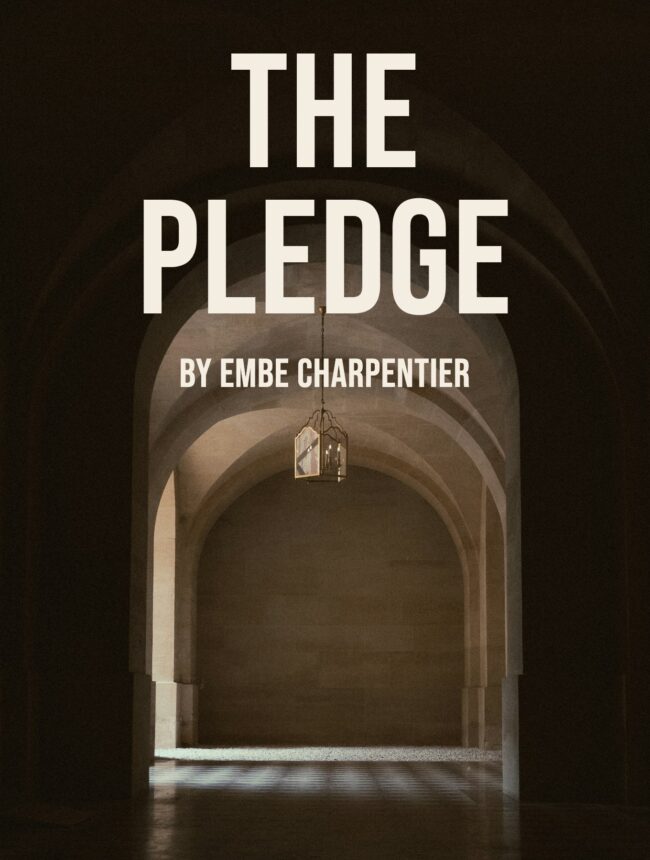 A dim stone archway with a hanging lantern, with the title The Pledge by Embe Charpentier
