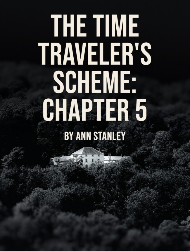 A pale house hidden among dark woods, with the title The Time Traveler's Scheme: Chapter 5 by Ann Stanley