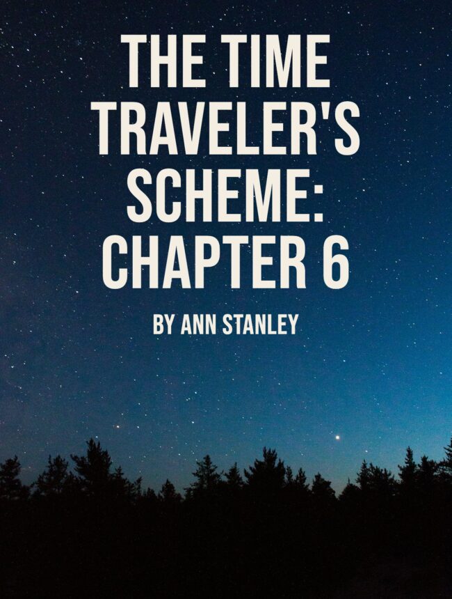 Starry night sky above a silhouetted line of pine trees, with the title The Time Traveler's Scheme: Chapter 6 by Ann Stanley