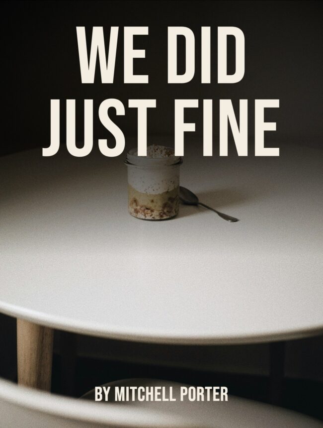 A single jar and spoon on a pale round table in a dim room, with the title We Did Just Fine by Mitchell Porter