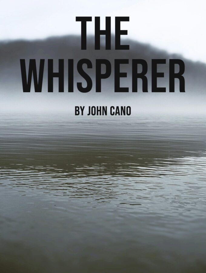 A still misty lake with a blurred dark hill, with the title The Whisperer by John Cano
